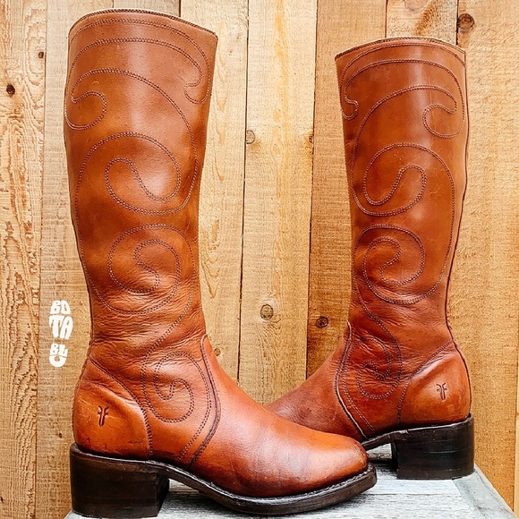 Sold Frye Campus Vintage Y2K Boots Retro Swirl Tall Knee High Chunky Brown Zip - Picture 3 of 11